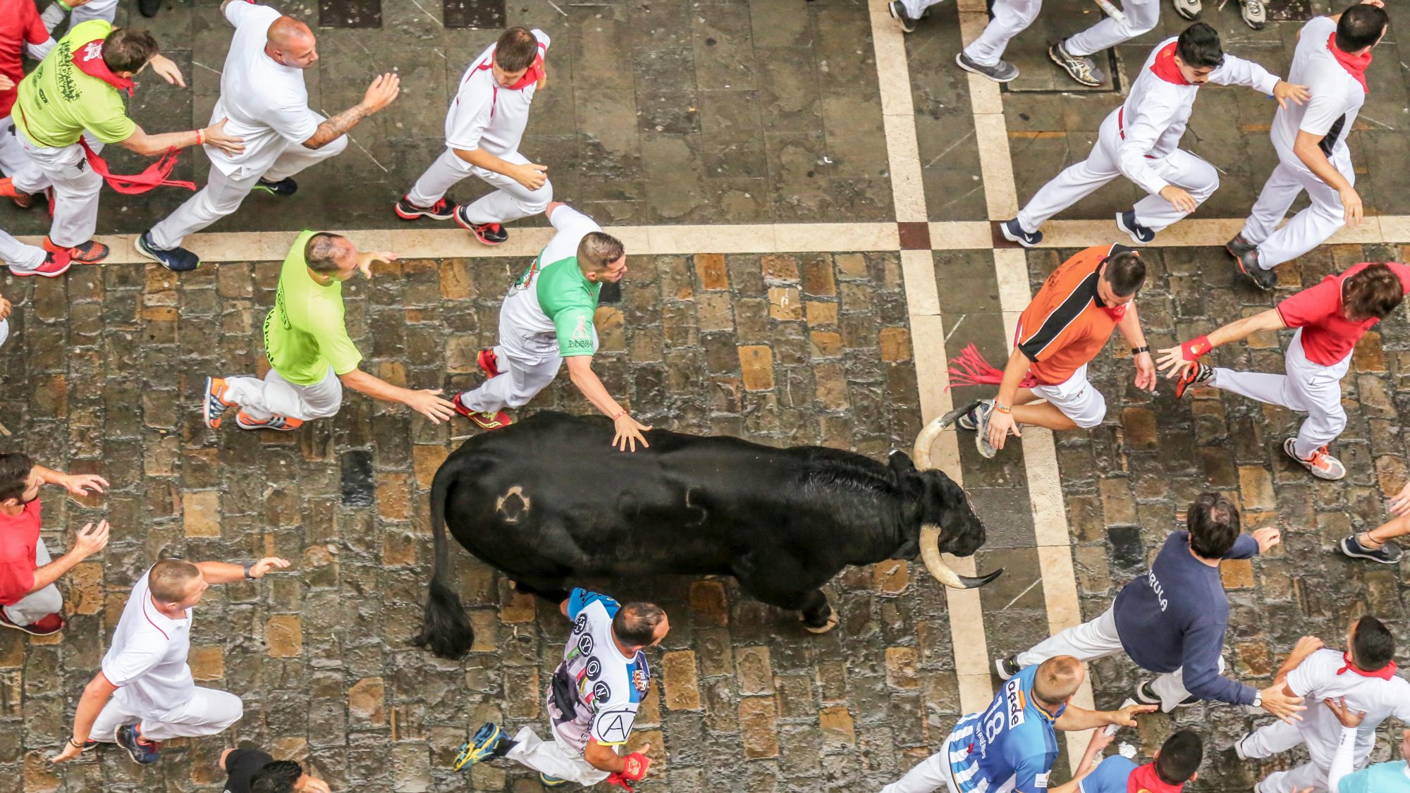 A fighting bull runs among white-clad runners in Pamplona during the encierro, seen from above